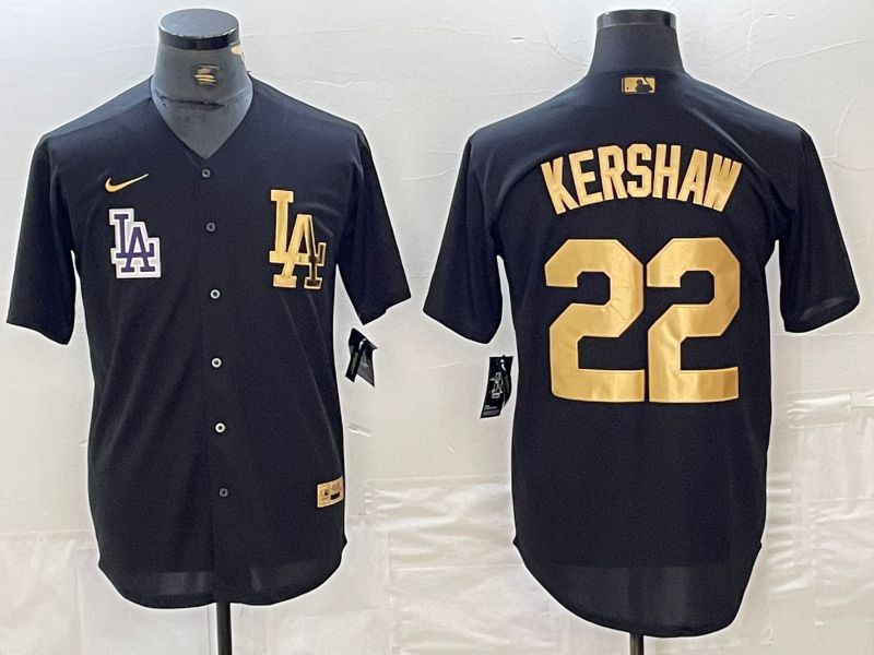 Men Los Angeles Dodgers 22 Kershaw Black gold 4 th generation Nike 2024 MLB Jersey style 2